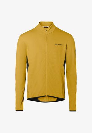Gelbe Radjacke mit langen Ärmeln, durchgehendem Frontreißverschluss, hohem Kragen und schwarzem Vaude-Logo auf Brust und Ärmel.