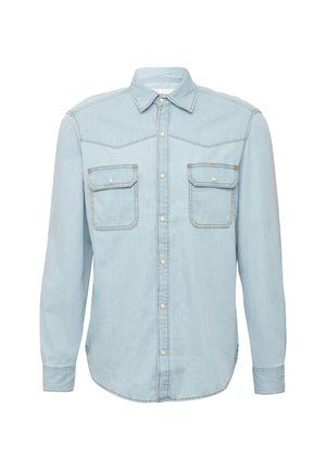 Himmelblause Denim-Hemd mit langen Ärmeln, Knopfleiste, zwei Brusttaschen, spitzem Yoke-Design und kontrastierenden Nähten.