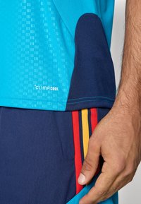 Närbild av en person som bär en blå ClimaCool-sporttröja och marinblå shorts med röda, gula och marinblå ränder, med handen vilande nära fickan.