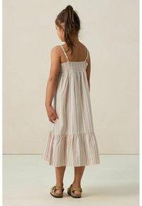 Gestreiftes Baumwollkleid in Pastellfarben. Es hat ein gerafftes Oberteil, dünne verstellbare Träger und einen ausgestellten Saum. Dazu werden offene Sandalen getragen.