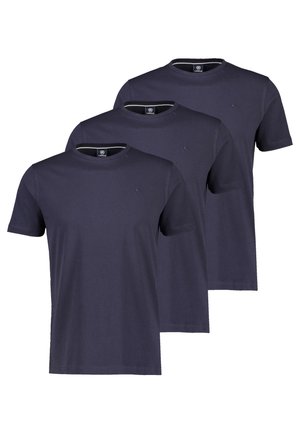 Drei marineblaue T-Shirts mit kurzen Ärmeln und Rundhalsausschnitt, schlichtes Design, übereinandergelegt mit kleinem Logo auf der linken Brust.