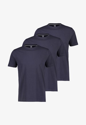 Drei marineblaue T-Shirts mit kurzen Ärmeln und Rundhalsausschnitt, schlichtes Design, übereinandergelegt mit kleinem Logo auf der linken Brust.