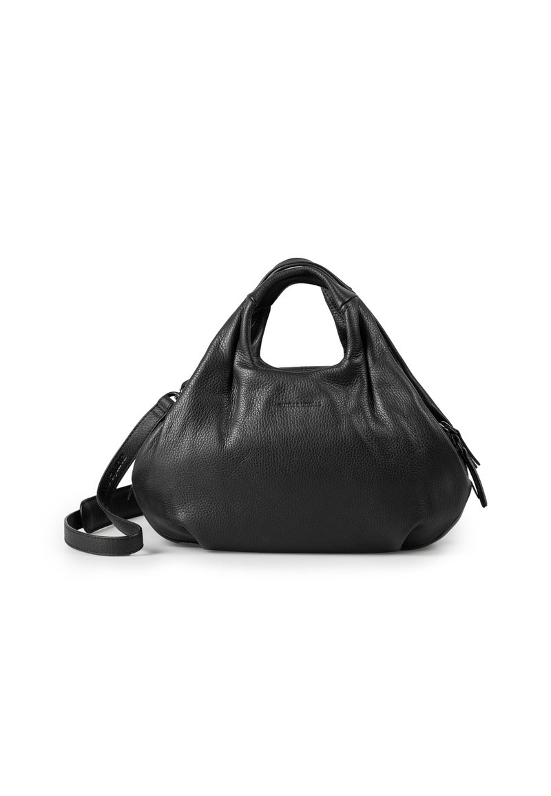 Zwarte leren handtas met een langwerpige, afgeronde vorm. Beschikt over dubbele bovenhandvatten en een afneembare schouderriem; zachte textuur.