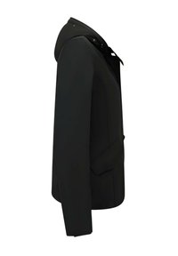 Zwarte jas met capuchon, gemaakt van glad materiaal, voorzien van een zijrits, voorzakken en een aansluitend ontwerp.