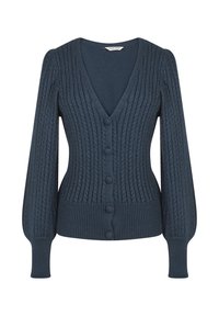 Tmavě modrý pletený kardigan s výstřihem do V, žebrovanou texturou, dlouhými nafouklými rukávy a šesti knoflíky po celé přední straně. Měkký materiál, přiléhavý střih.