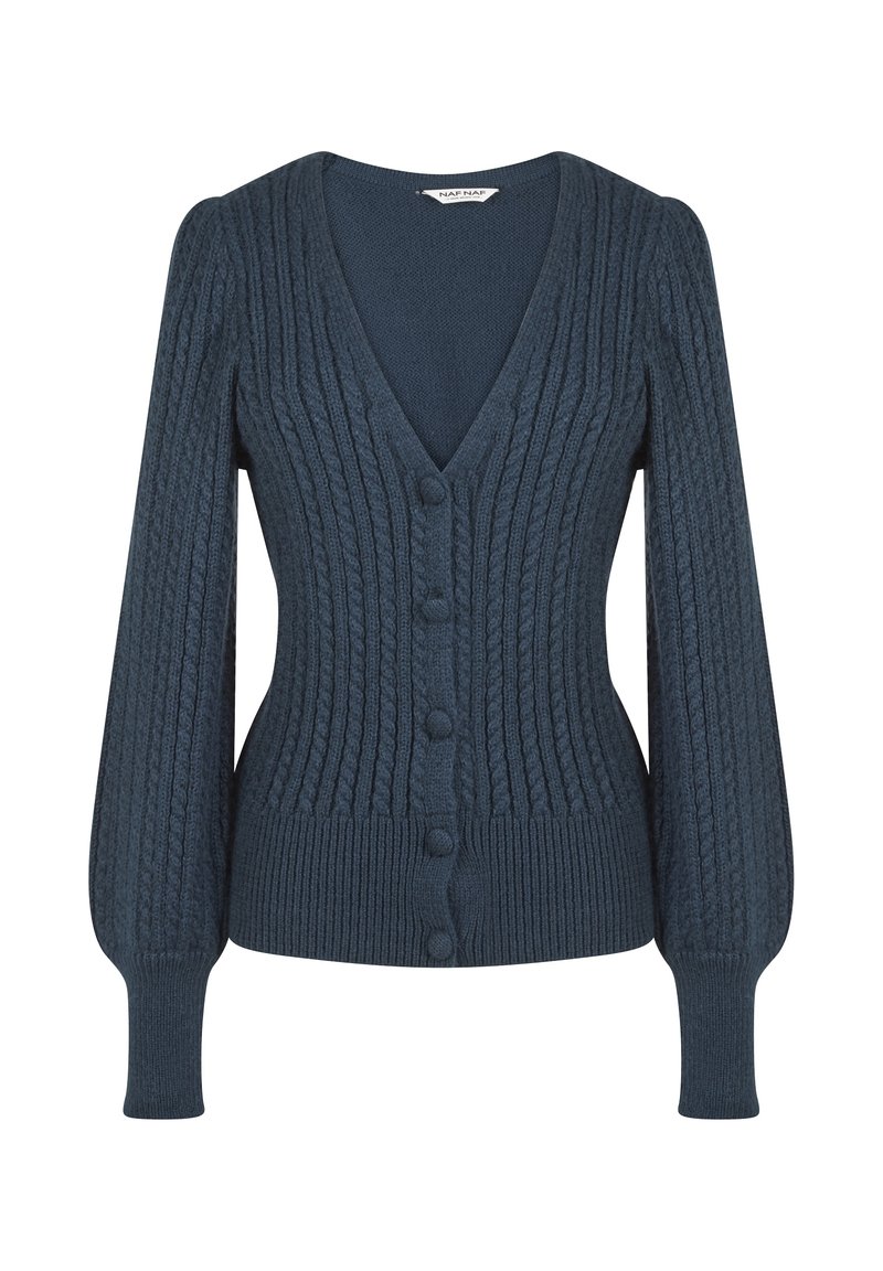 Tmavě modrý pletený kardigan s výstřihem do V, žebrovanou texturou, dlouhými nafouklými rukávy a šesti knoflíky po celé přední straně. Měkký materiál, přiléhavý střih.