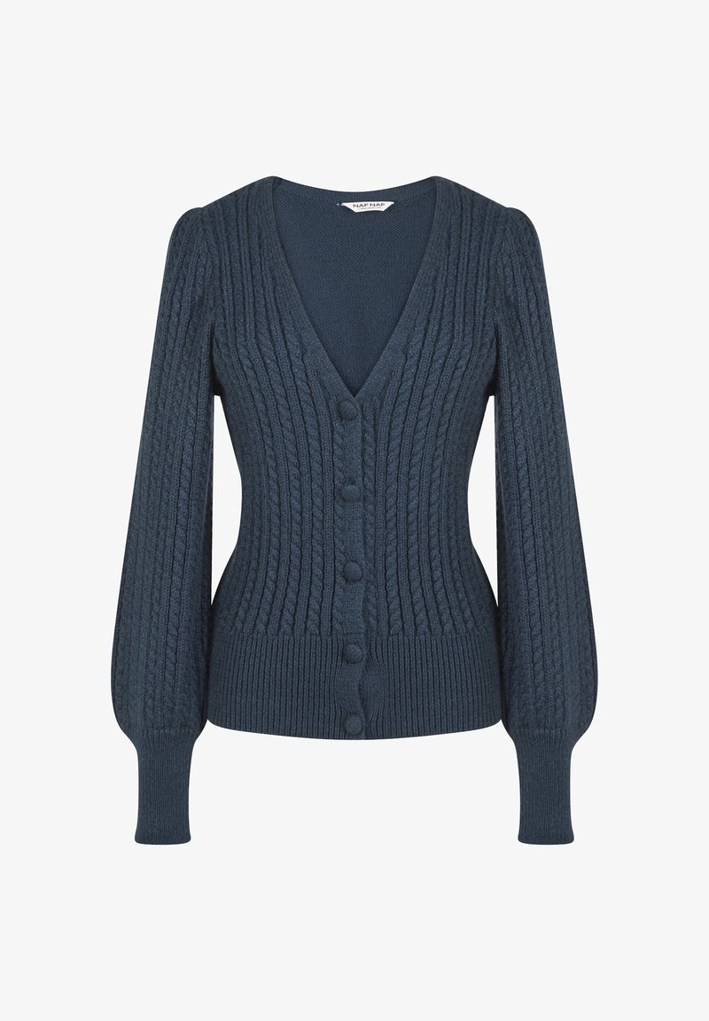 Tmavě modrý pletený kardigan s výstřihem do V, žebrovanou texturou, dlouhými nafouklými rukávy a šesti knoflíky po celé přední straně. Měkký materiál, přiléhavý střih.