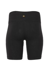 Schwarze Stretch-Shorts aus leichtem Stoff mit einem breiten Bund, glatter Textur und einem kleinen Emblem in der Nähe des Bundes.