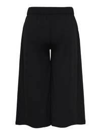 Pantalon noir à jambes larges, longueur genou, avec taille élastique, montré de dos sur fond blanc.