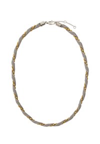 Srebrny, skręcony naszyjnik siatkowy z małymi złotymi owalnymi koralikami wplecionymi w materiał oraz z zapięciem typu lobster i regulowanym łańcuszkiem.