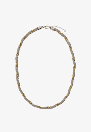 Srebrny, skręcony naszyjnik siatkowy z małymi złotymi owalnymi koralikami wplecionymi w materiał oraz z zapięciem typu lobster i regulowanym łańcuszkiem.