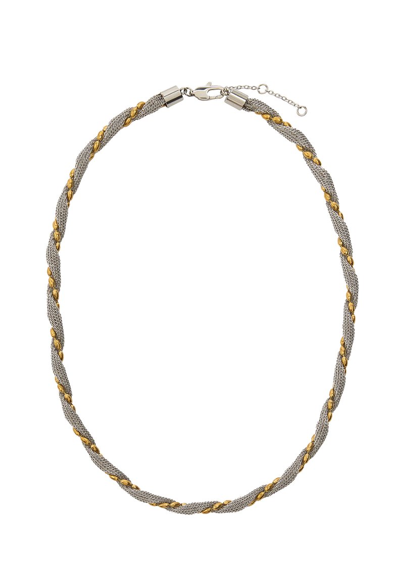 Srebrny, skręcony naszyjnik siatkowy z małymi złotymi owalnymi koralikami wplecionymi w materiał oraz z zapięciem typu lobster i regulowanym łańcuszkiem.
