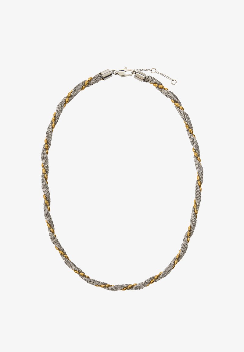 Srebrny, skręcony naszyjnik siatkowy z małymi złotymi owalnymi koralikami wplecionymi w materiał oraz z zapięciem typu lobster i regulowanym łańcuszkiem.
