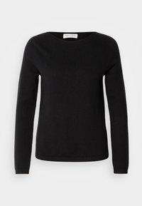 Czarny sweter z długim rękawem, szerokim dekoltem, ściągaczami na rękawach i dopasowanym krojem. Wykonany z miękkiego materiału, o minimalistycznym wzorze bez żadnych nadruków.