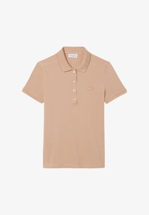 Polo shirt a maniche corte in cotone beige chiaro con colletto, patta con cinque bottoni e logo coccodrillo ricamato sul petto.