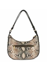 Borsa a spalla con tracolla in pelle nera e tessuto con motivo a serpente nelle tonalità di beige e marrone. Presenta una tasca con zip sul davanti e hardware dorato.