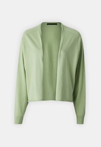 Světle zelený otevřený cardigan. Měkká, lehká látka s dlouhými rukávy a žebrovanými manžetami. Jemně zkrácený lem, minimální švy.