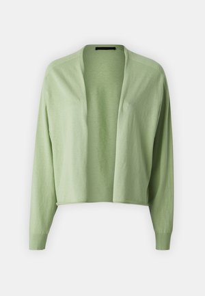 Cardigan verde chiaro, aperto davanti. Tessuto morbido e leggero con maniche lunghe e polsini a costine. Orlo leggermente accorciato, cuciture minime.