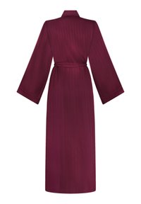 Μακριά μπορντώ ρόμπα με υφασμάτινο σχέδιο, φαρδιές μανσέτες, ζώνη στη μέση και γιακά. Λείος ύφασμα με γυαλιστερό φινίρισμα.