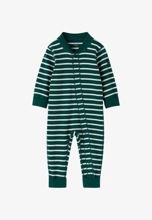 Grøn og hvid stribet heldragt til baby med lange ærmer og trykknapper, der går diagonalt fra halsen til benenderne.