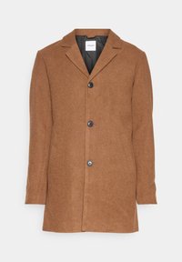 Cappotto in misto lana marrone con revers a punta, tre bottoni, due tasche laterali e una fodera interna liscia. Design classico e su misura.
