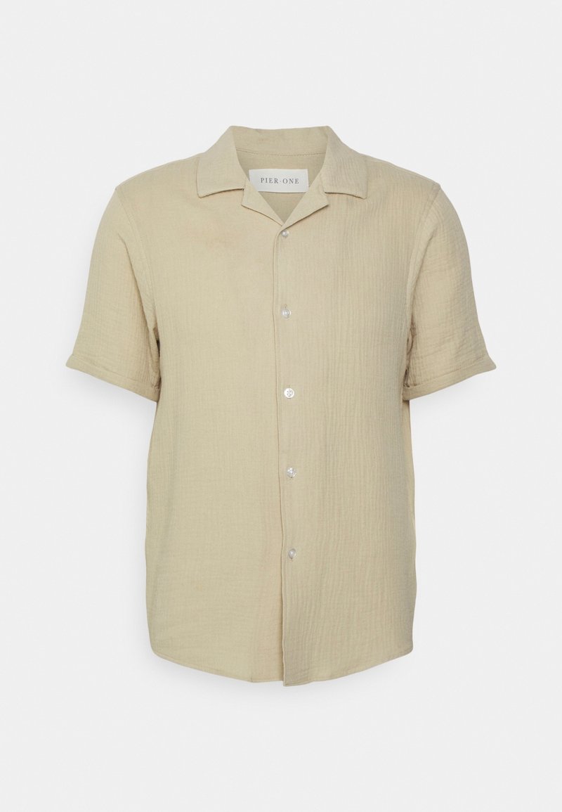 Korte mouwen beige overhemd met knopen, gemaakt van textuurstof, met een platte kraag, zichtbare knopen en een ontspannen pasvorm.