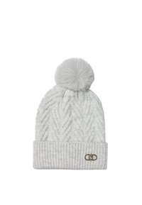 Gray knit beanie with a cable pattern, featuring a fluffy pom-pom on top and a folded cuff with a small gold logo accent.