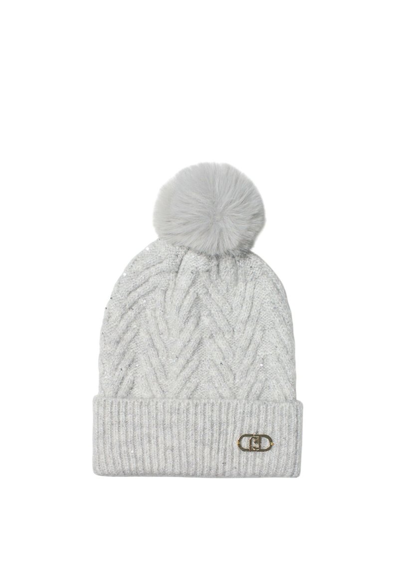 Gray knit beanie with a cable pattern, featuring a fluffy pom-pom on top and a folded cuff with a small gold logo accent.