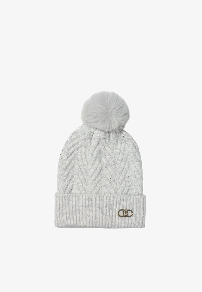 Gray knit beanie with a cable pattern, featuring a fluffy pom-pom on top and a folded cuff with a small gold logo accent.