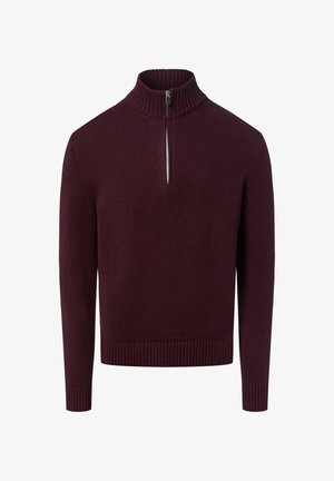 Bordeauxrode gebreide trui met een hoge geribbelde hals, een kwart ritssluiting, een aansluitend model en geribbelde boorden en zoom. Eenvoudig logo op de borst.