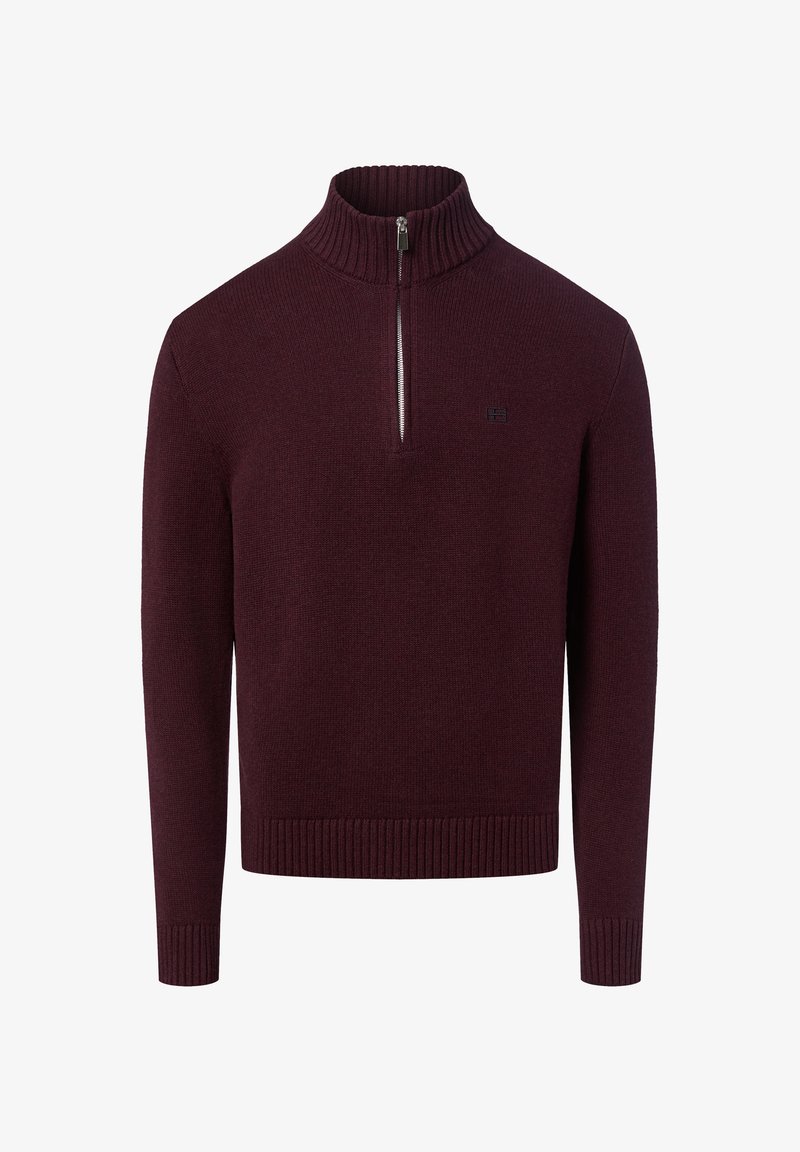 Bordeauxfarbenes Strickpullover mit hohem geripptem Kragen, 1/4-Reißverschluss, figurbetontem Schnitt sowie gerippten Bündchen und Saum. Einfaches Logo auf der Brust.