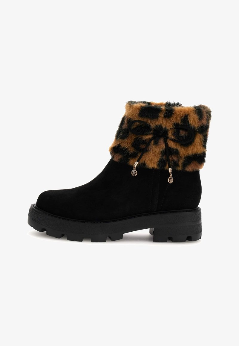 Black suede ankle boots with a chunky black sole, featuring a leopard-print faux fur cuff and a drawstring detail at the top.