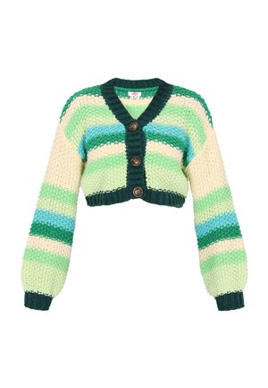 Virkkausjakku, jossa on vihreät, siniset ja kermanvalkoiset raidat, V-pääntie, pitkät hihat ja kolme ruskeaa nappia edessä.