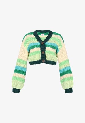 Virkkausjakku, jossa on vihreät, siniset ja kermanvalkoiset raidat, V-pääntie, pitkät hihat ja kolme ruskeaa nappia edessä.