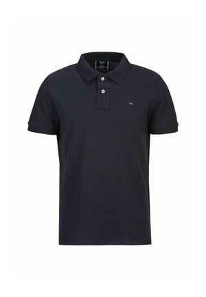 Navy-Polohemd aus Baumwolle mit kurzen Ärmeln, Knopfleiste mit drei Knöpfen und kleinem, mehrfarbig gesticktem Logo auf der Brust.
