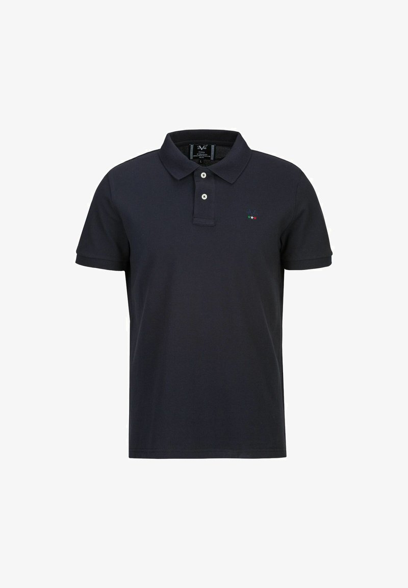 Marinepoloshirt van katoen met korte mouwen, drie-knoopsluiting en een klein meerkleurig geborduurd logo op de borst.