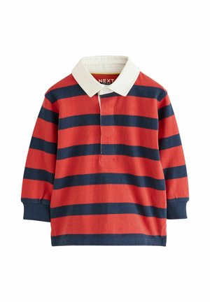Rød og marineblå stribet rugby shirt med lange ærmer, hvid krave og ribkant ved ærmerne.
