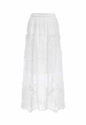 Lang hvid nederdel med elastisk taljebånd og blonderbroderi, med semitransparent stof og blomsterprint langs kanten.
