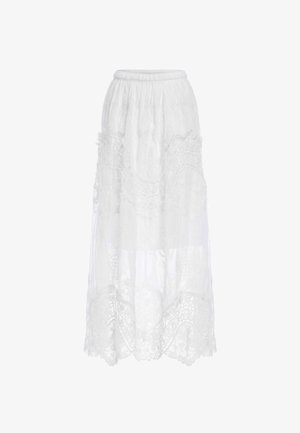 Lang hvid nederdel med elastisk taljebånd og blonderbroderi, med semitransparent stof og blomsterprint langs kanten.