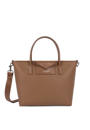 Bruine, gestructureerde leren tote bag met dubbele handvatten, afneembare schouderriem en voorvak met klep, gegraveerd met "Lancaster Paris".