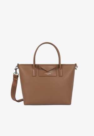 Sac fourre-tout en cuir texturé marron avec double poignée, bandoulière amovible et poche avant à rabat embossée "Lancaster Paris".