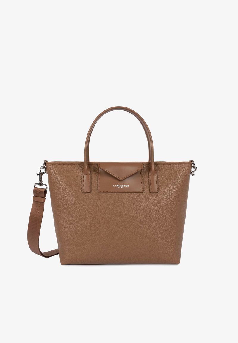 Sac fourre-tout en cuir texturé marron avec double poignée, bandoulière amovible et poche avant à rabat embossée "Lancaster Paris".