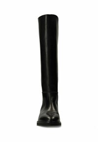 Zwarte leren knieboots met een gladde textuur, ronde neus en een minimalistisch ontwerp. Stevige zool met subtiele stiksels.