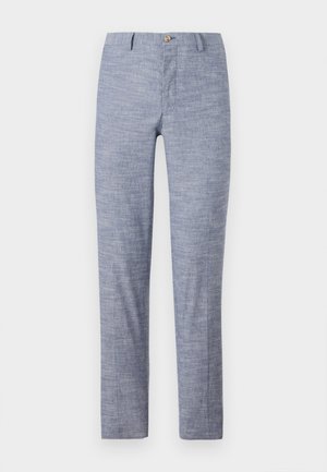 Light blue trousers made of a textured fabric with a subtle herringbone pattern. Features a button closure and tailored fit.