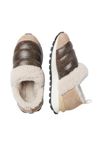 Sneakers featuring a mix of brown cracked leather and beige suede, with a fluffy off-white shearling collar and textured black rubber soles.