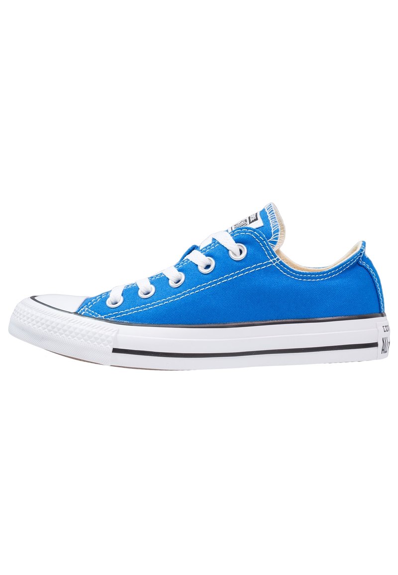 Blå canvas sneakers med vit gummitåkapsel och sula, svart rand och vita snören. Har en lågtoppdesign och kontrasterande sömmar.