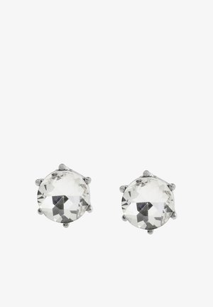 Round crystal stud earrings, clear facets, set in silver-tone prongs, polished finish, showcasing sparkling clarity and geometric shape.