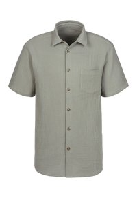 Camicia a maniche corte con bottoni in tessuto grigio chiaro con un motivo testurizzato sottile, dotata di taschino sul petto e bottoni marroni.
