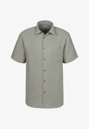 Lühikeste varrukatega nööpidega särk helesinises kangas, millel on peene tekstuuriga muster, rinnatasku ja pruunid nööbid.