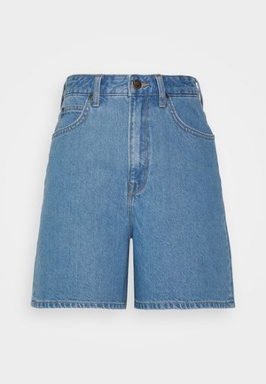 Blue denim high-waist shorts with front pockets, belt loops, button closure, and a small leather brand patch above the waist.